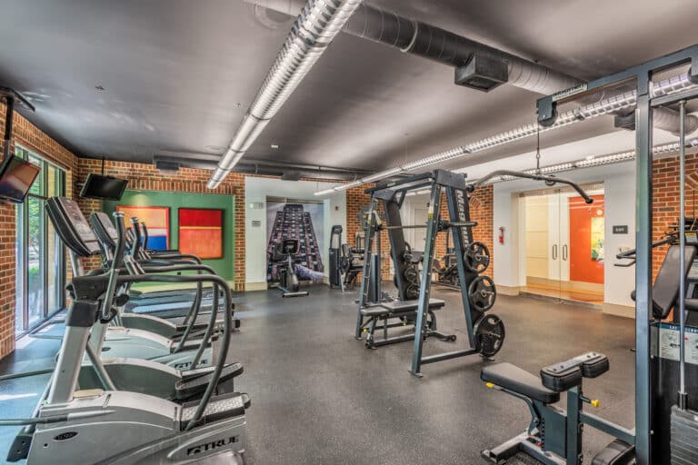 The 24/7 fitness center at at Lofts at Lakeview Apartments in Durham, NC.