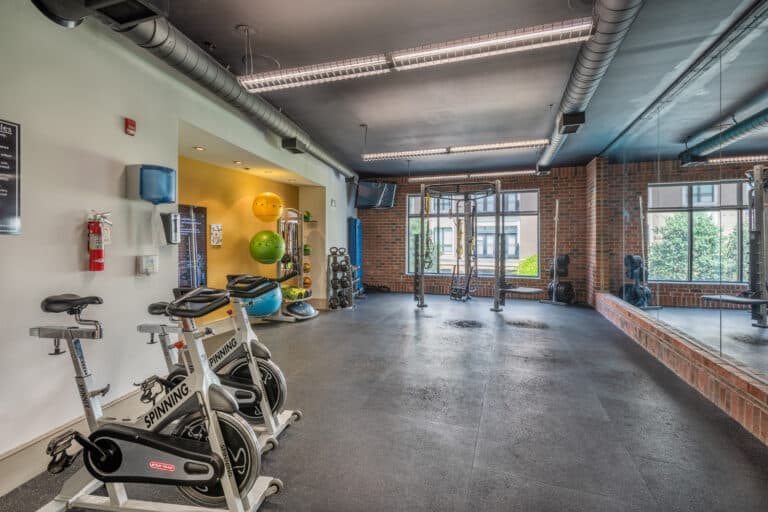 The state-of-the-art fitness center and yoga studio at Lofts at Lakeview Apartments near Duke University.
