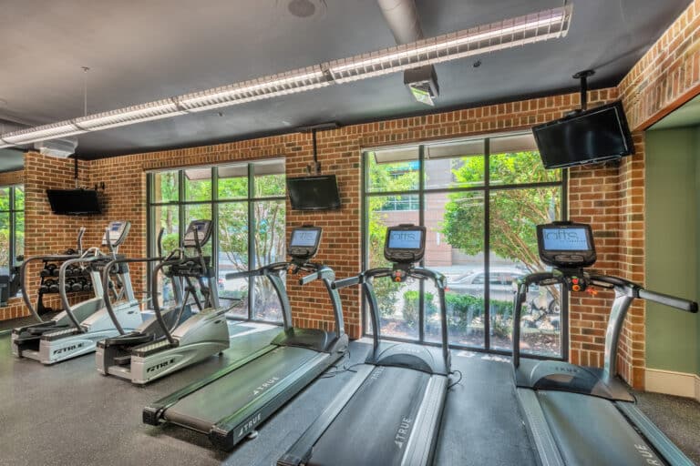 The cardio fitness center at Lofts at Lakeview Apartments near Duke University.