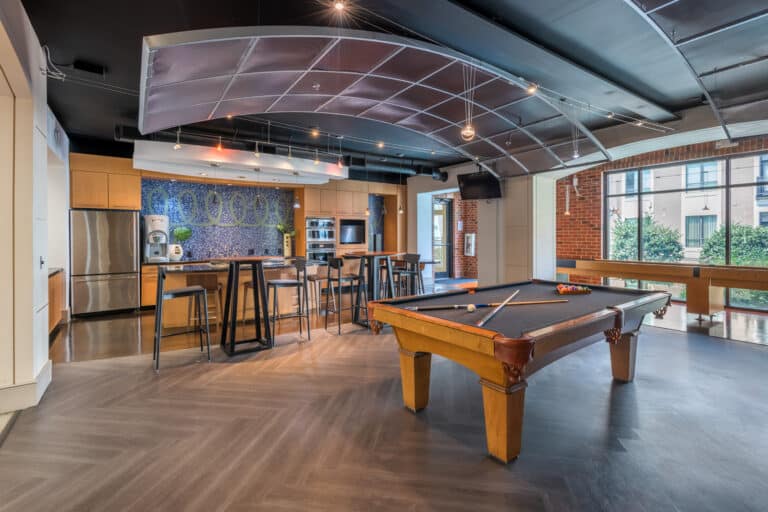 Resident exclusive kitchen and game room at our Duke University apartments.