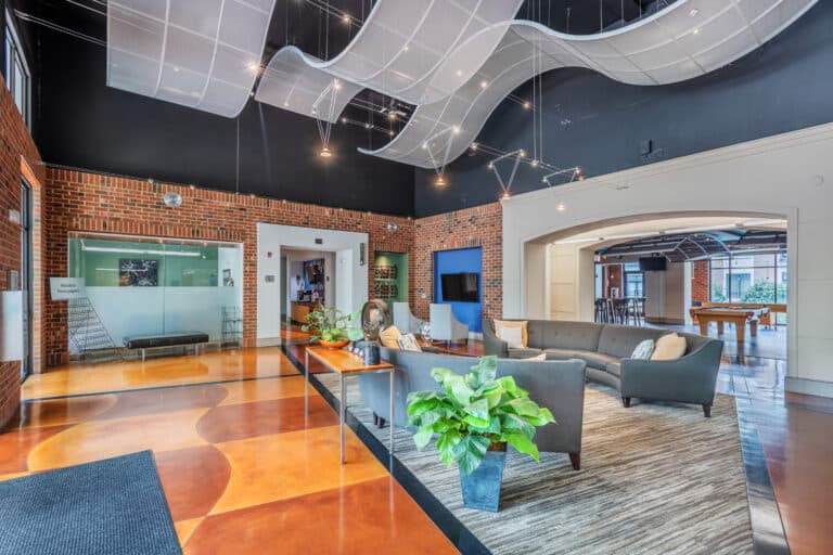 The luxury leasing office and resident exclusive clubhouse at Lofts at Lakeview Apartments near Duke University.