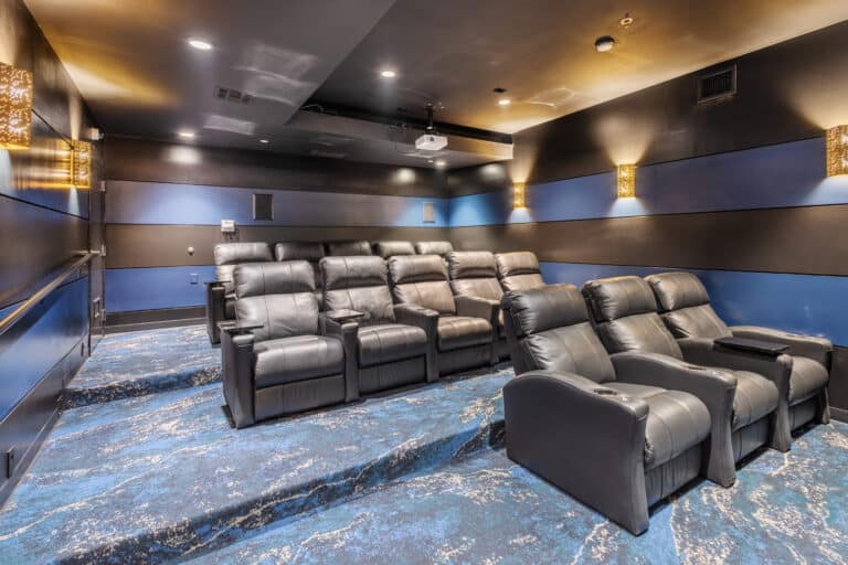 Catch a movie at the movie theater at Lofts at Lakeview Apartments near Duke University.