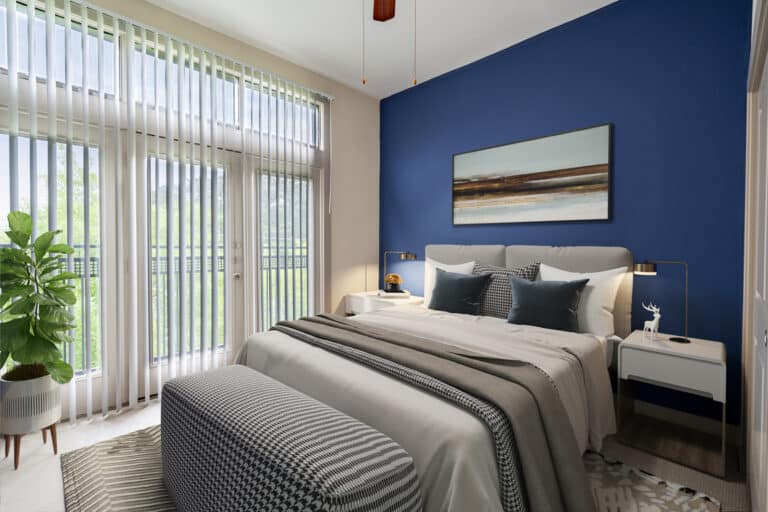 Spacious bedrooms with walk out balconies at our Duke University apartments.