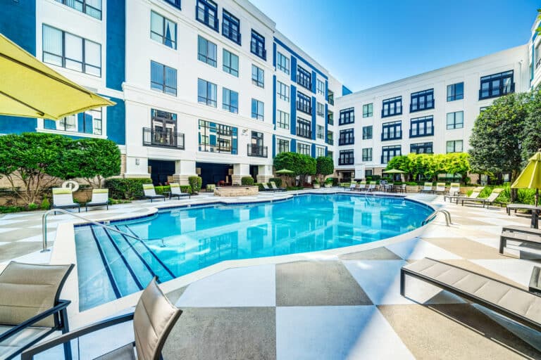 The luxury resort-style pool exclusively for residents of Lofts at Lakeview apartments.